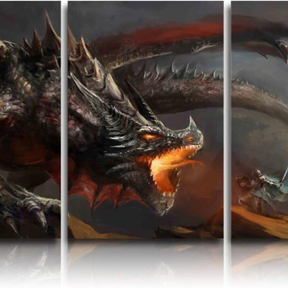 3 Piece Canvas Wall Art - Knight Fighting the Fire Dragon 12"x16"x3 Panels